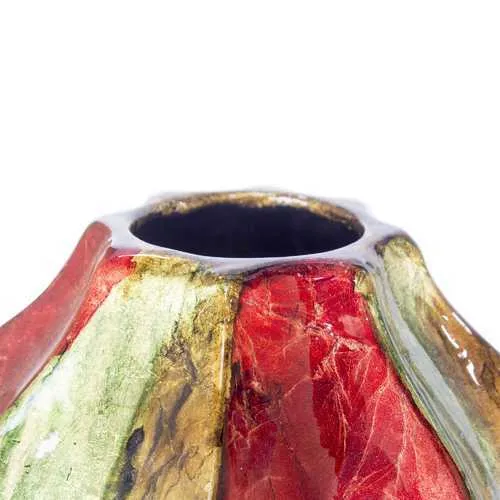 10" X 10" X 18" Red Green Bronze Ceramic Foiled and Lacquered Ridged Gourd Vase