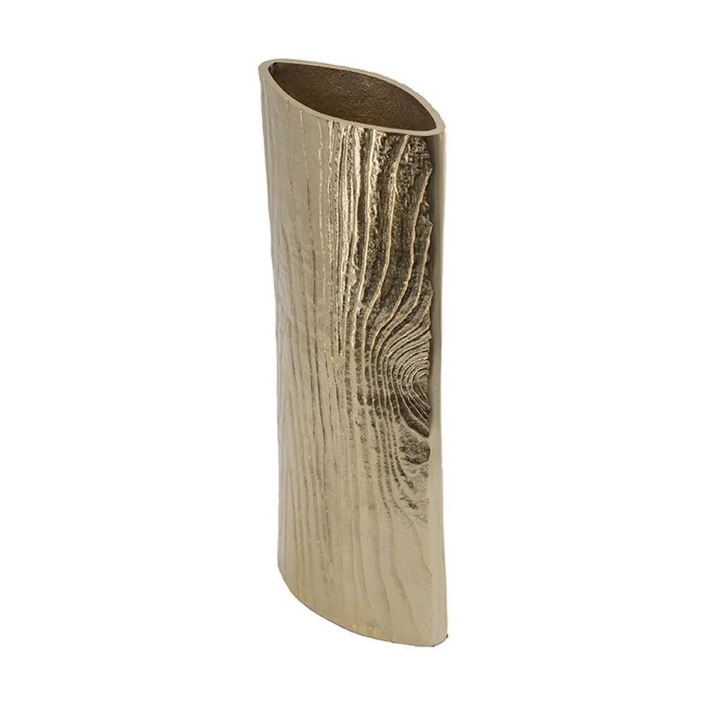 15 Inch Modern Vase, Naturalistic Tree Trunk Texture, Shiny Gold Finish By Casagear Home