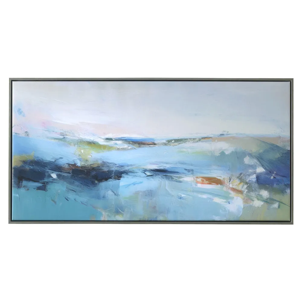 25 x 49 Handcrafted Wall Art, Waves on Framed Canvas, Silver Blue Green By Casagear Home