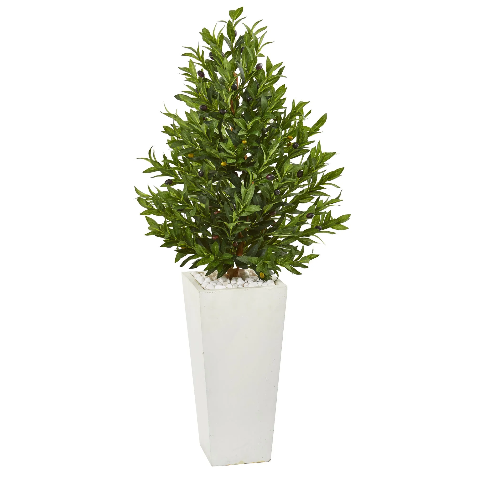 4' Artificial Olive Cone Topiary Tree in White Planter UV Resistant (Indoor/Outdoor) - Low Maintenance, Life-Like & Vibrant Silk Trees For Busy People.