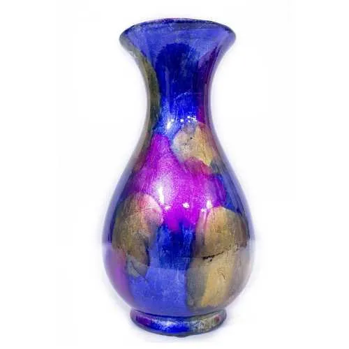 6.25" X 6.25" X 12.75" Blue Yellow Purple Ceramic Foiled and Lacquered Trumpet Vase