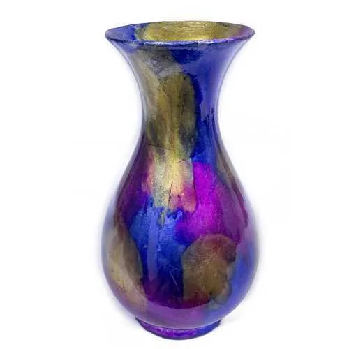 6.25" X 6.25" X 12.75" Blue Yellow Purple Ceramic Foiled and Lacquered Trumpet Vase