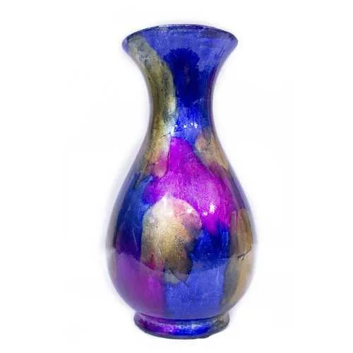 6.25" X 6.25" X 12.75" Blue Yellow Purple Ceramic Foiled and Lacquered Trumpet Vase