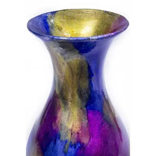 6.25" X 6.25" X 12.75" Blue Yellow Purple Ceramic Foiled and Lacquered Trumpet Vase