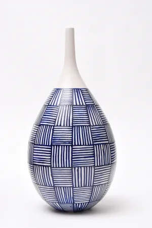 Anthony Shapiro Collection: 15"h Cobalt Blue & White Basket Weave Ceramic Bottle