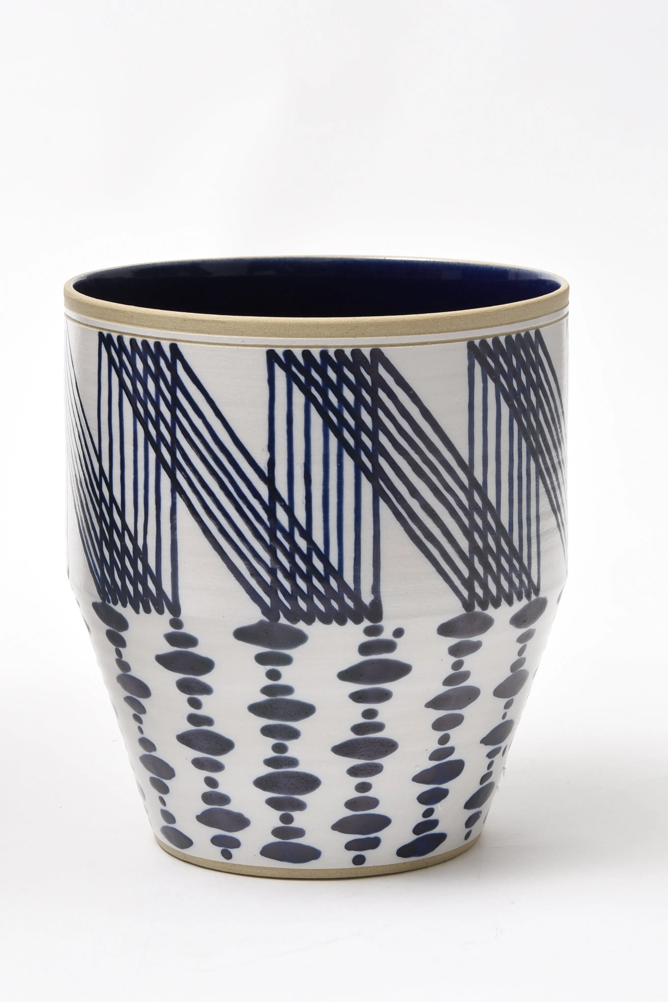 Anthony Shapiro Collection: 8 1/2"h Cobalt Blue & White Dotted Ceramic Planter with Zig Zag Lines