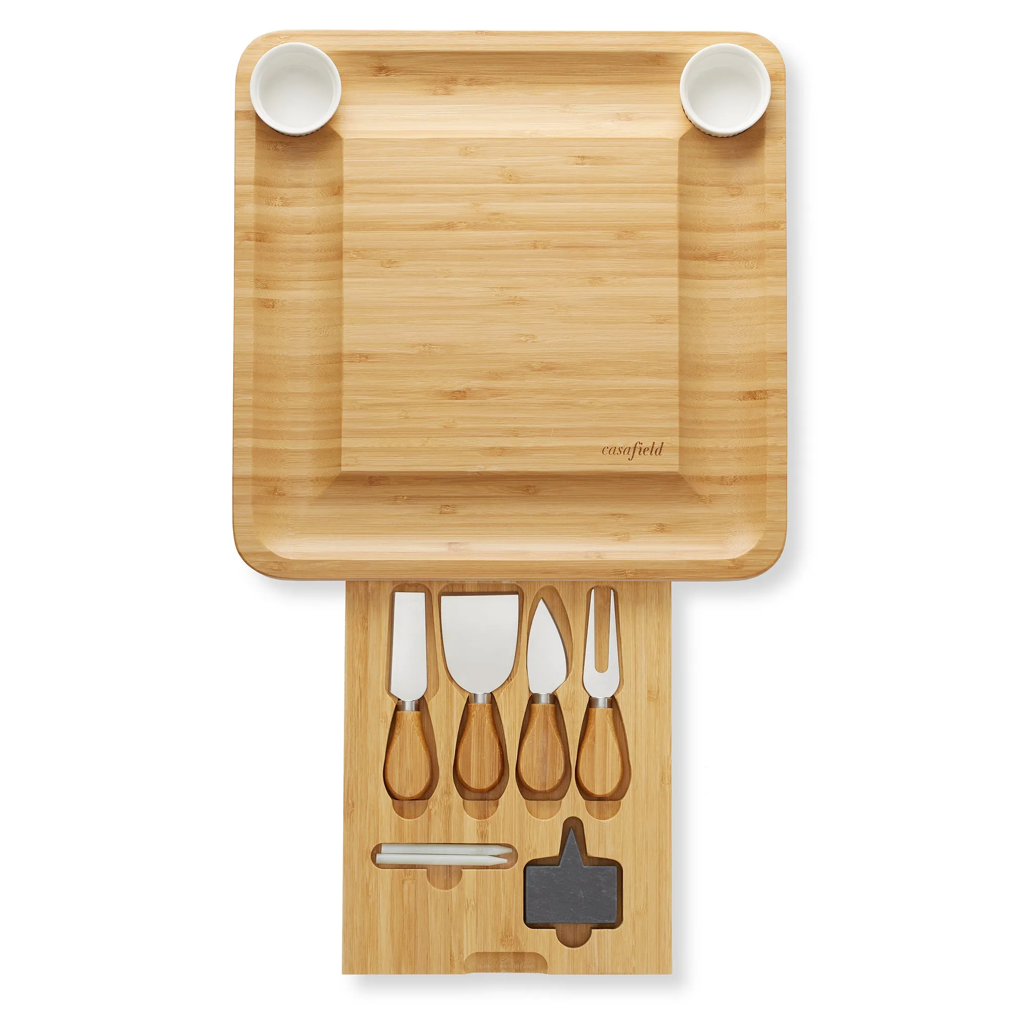 Bamboo Cheese Board Gift Set with 2 Bowls and 4 Knives