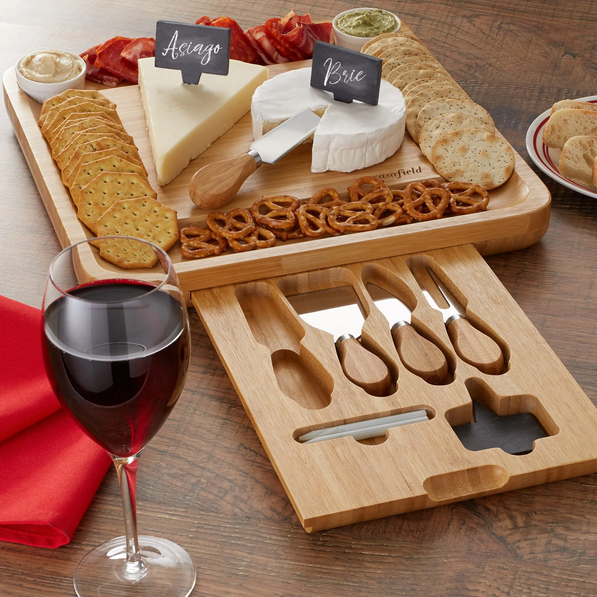 Bamboo Cheese Board Gift Set with 2 Bowls and 4 Knives