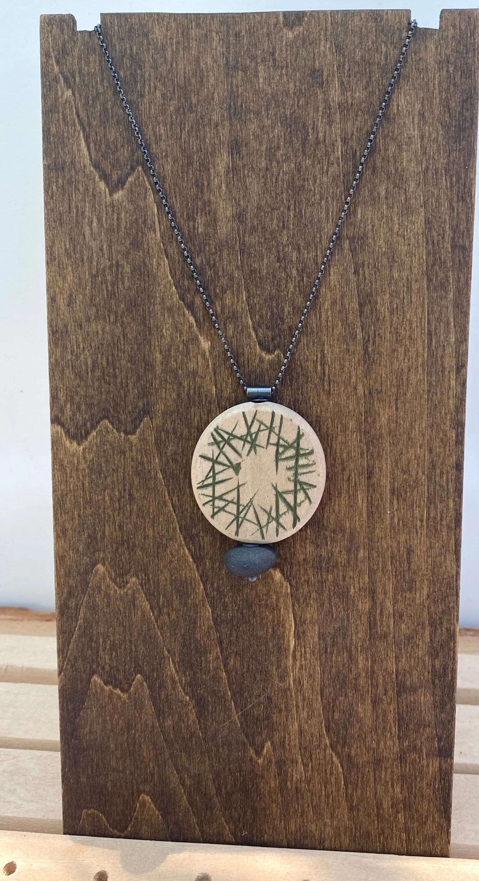 Carved & Painted Wood Circle Rock Necklace