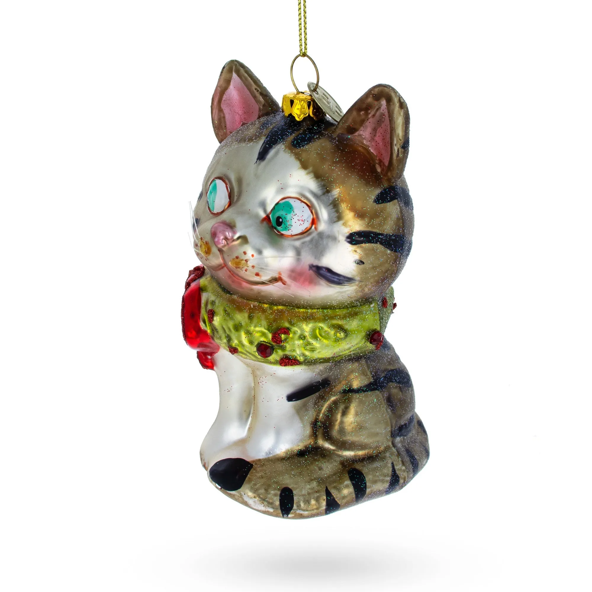 Cat With Sparkling Collar Blown Glass Christmas Ornament