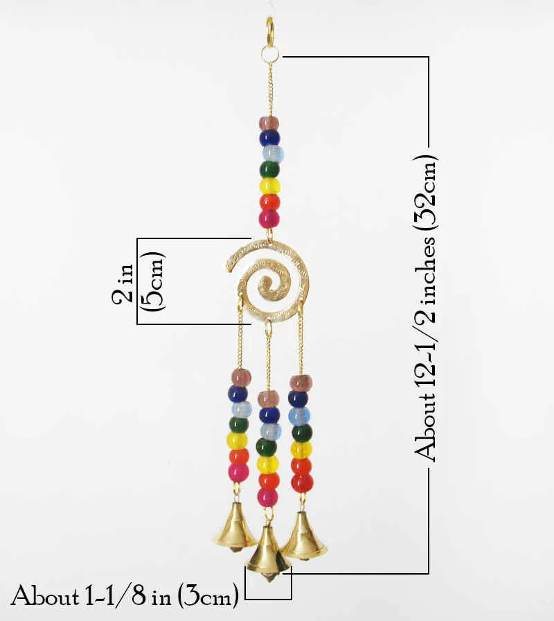 Chakras Spiral Wind Chime with 3 Bells, Brass Plated