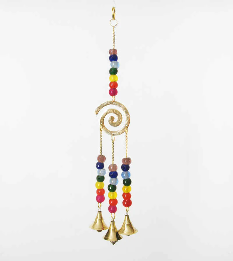 Chakras Spiral Wind Chime with 3 Bells, Brass Plated