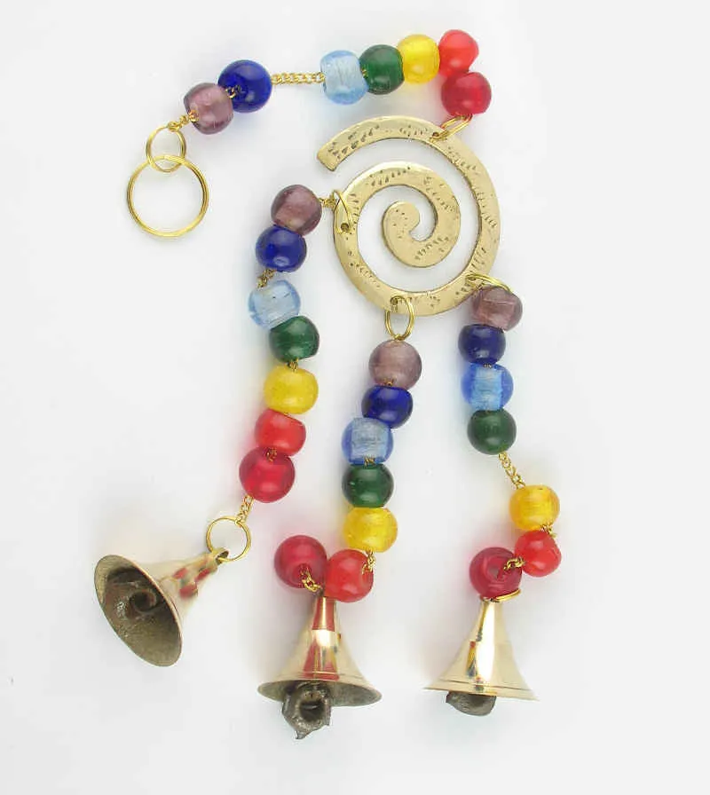 Chakras Spiral Wind Chime with 3 Bells, Brass Plated