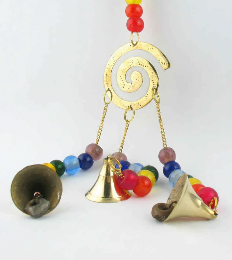 Chakras Spiral Wind Chime with 3 Bells, Brass Plated