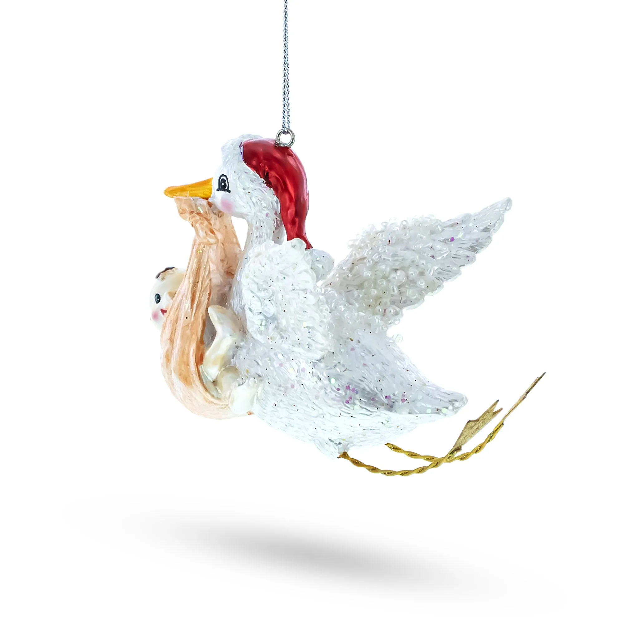 Charming Stork Carrying Baby - Blown Glass Christmas Ornament