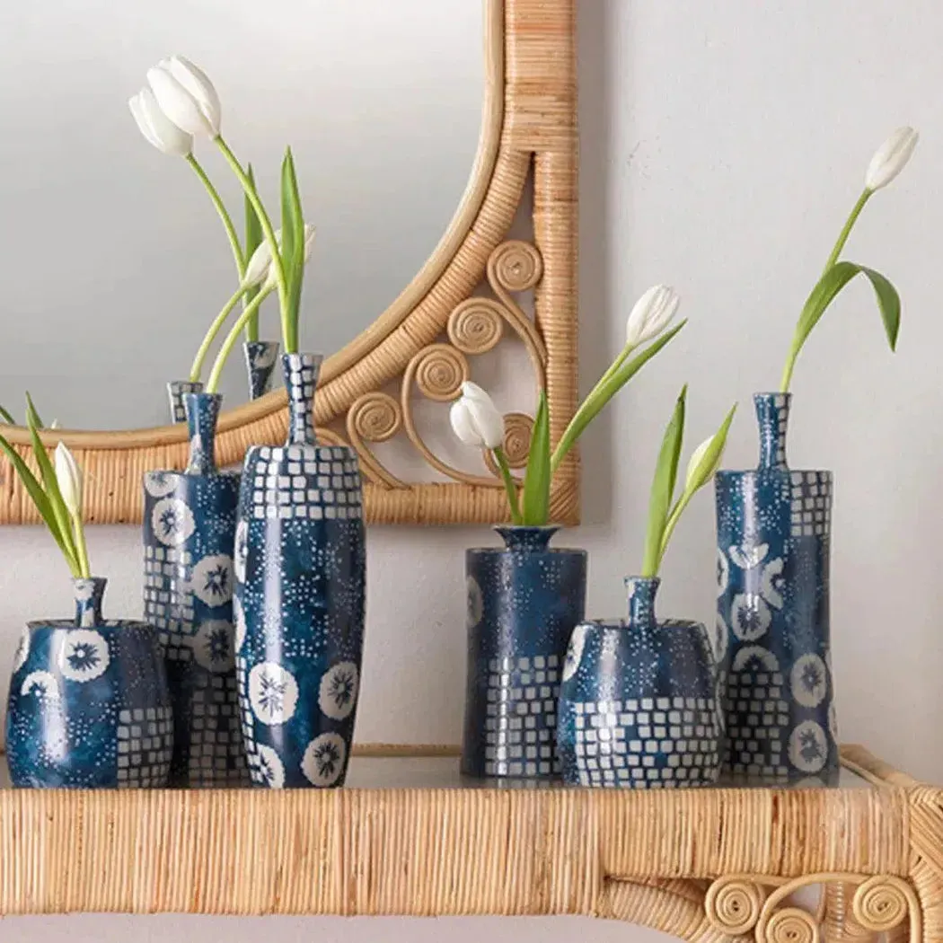 Coastal Style Blue Ceramic Block Print Vases (Set of 4)