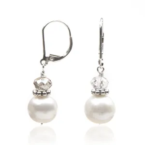 Dangle Pearl & Swarovski Crystal Earrings | AAA 8mm Natural White Semi Round Genuine Freshwater Cultured Pearls