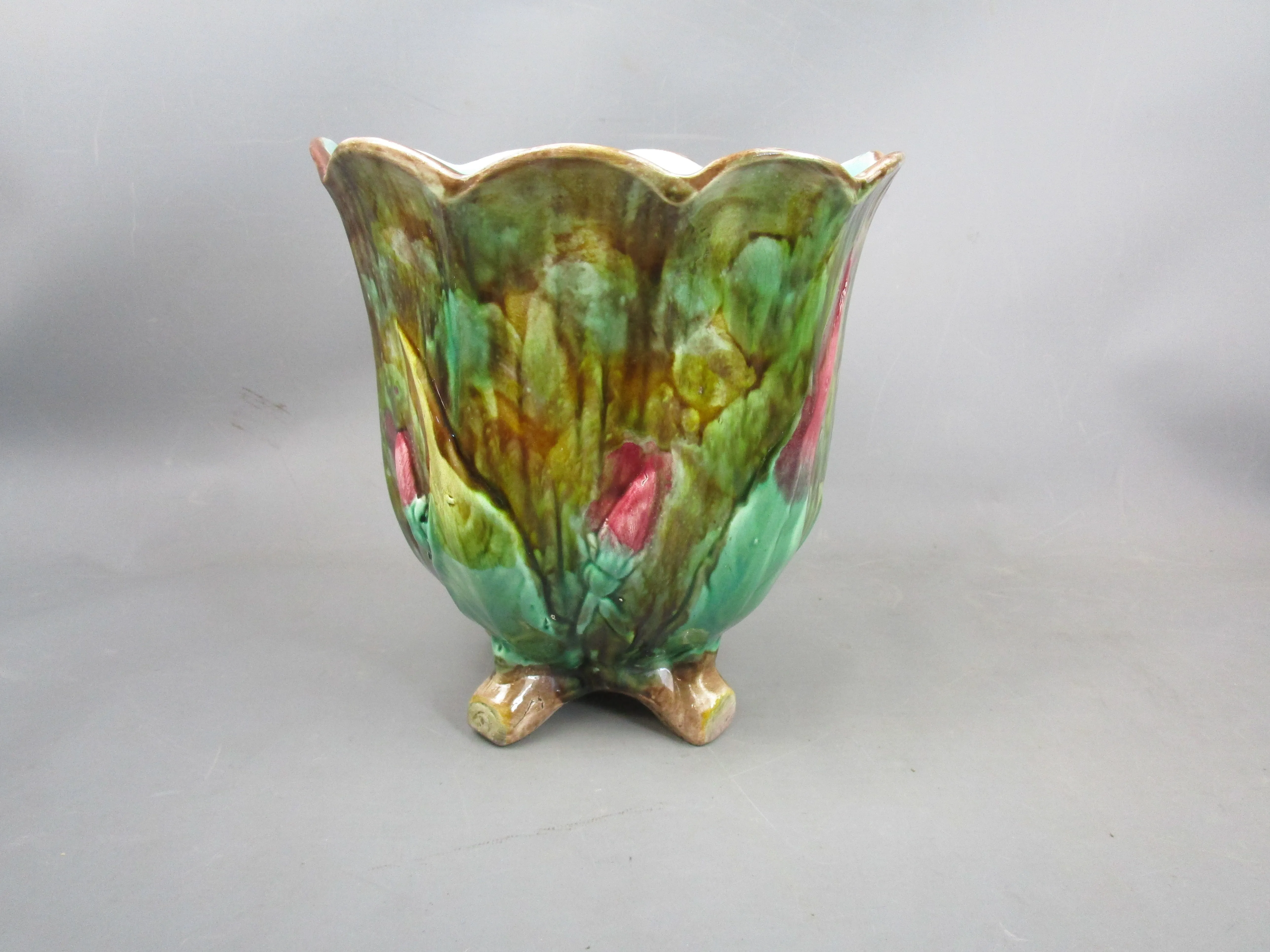 French Art Nouveau Majolica Jardiniere With Floral Design Antique Victorian c1890