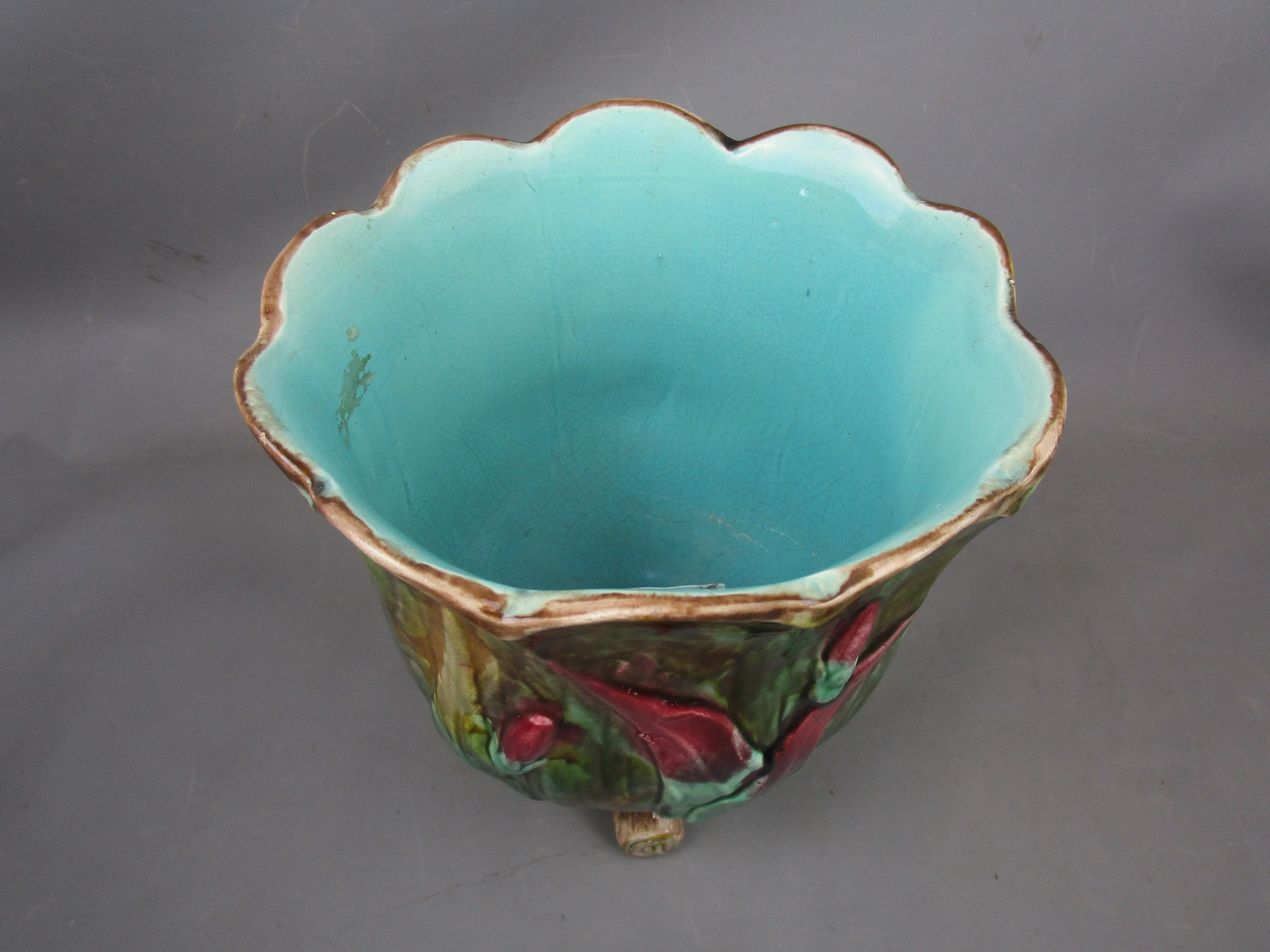 French Art Nouveau Majolica Jardiniere With Floral Design Antique Victorian c1890