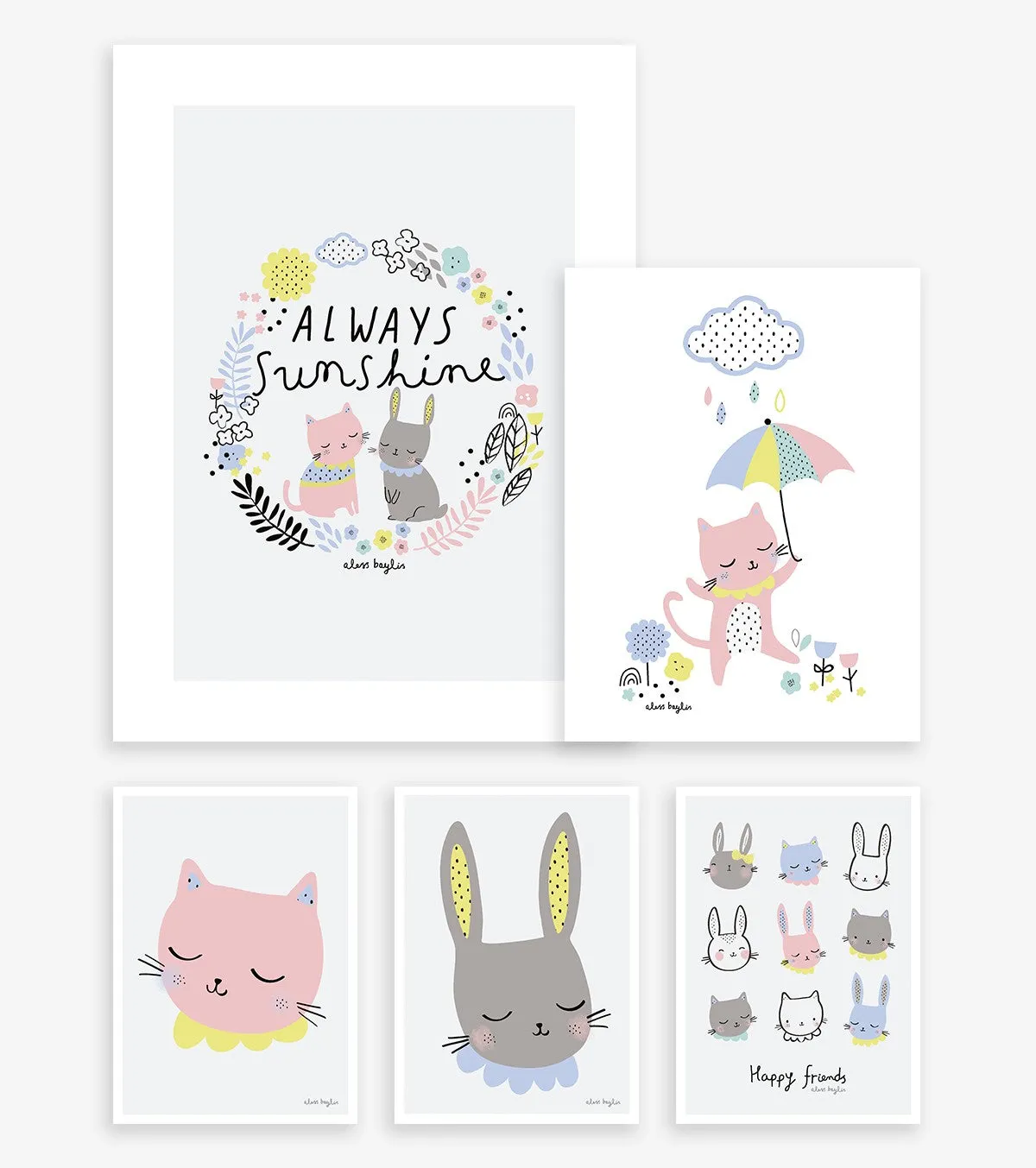 Happy Clouds - Set Art Prints - Cats And Rabbits (set Of 5)