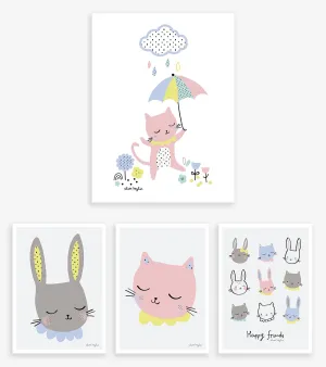 Happy Clouds - Set Art Prints - Cats And Rabbits (set Of 5)