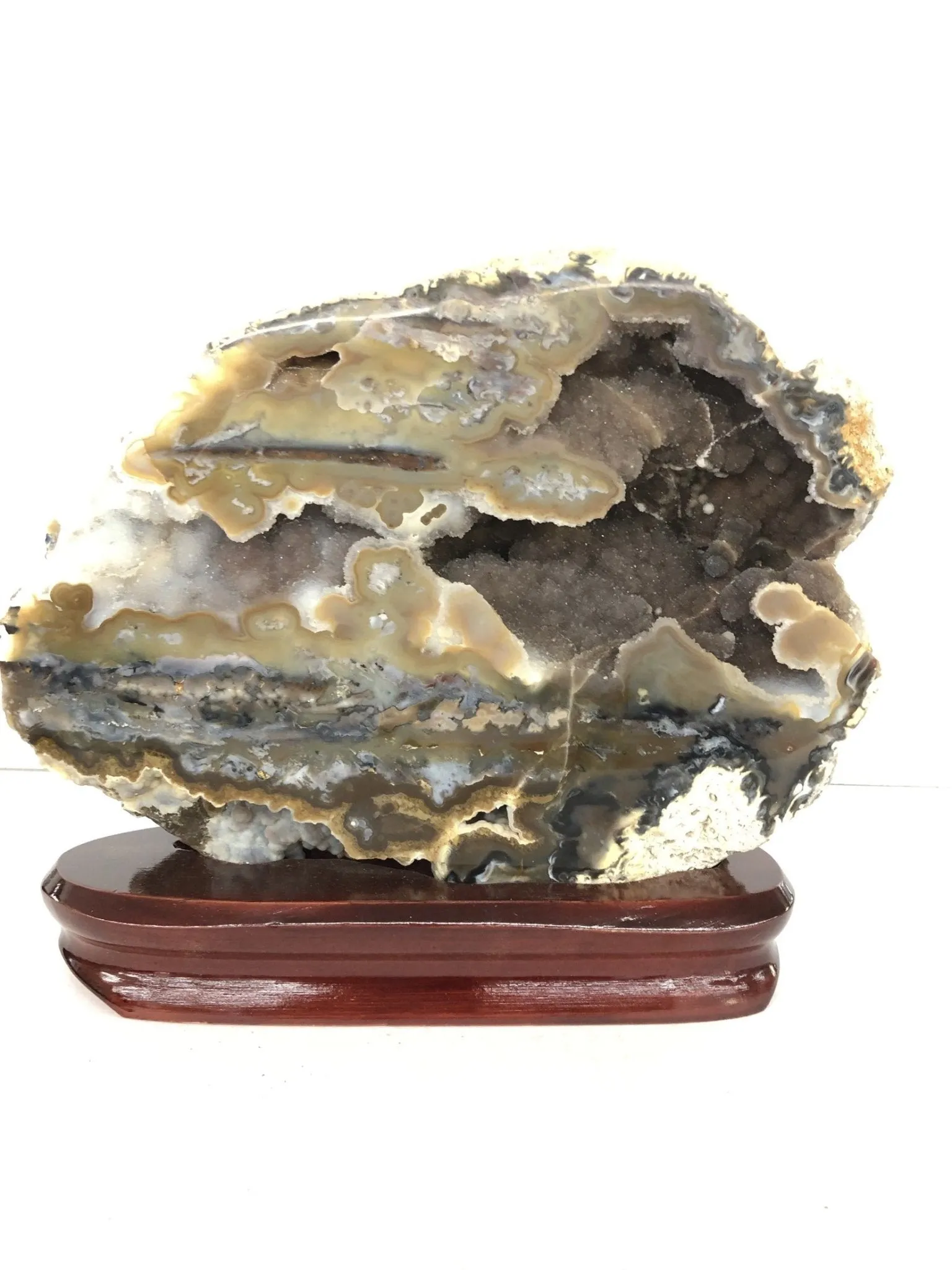 Natural Polished Agate On Wood Display Stand Multi Color Patterns