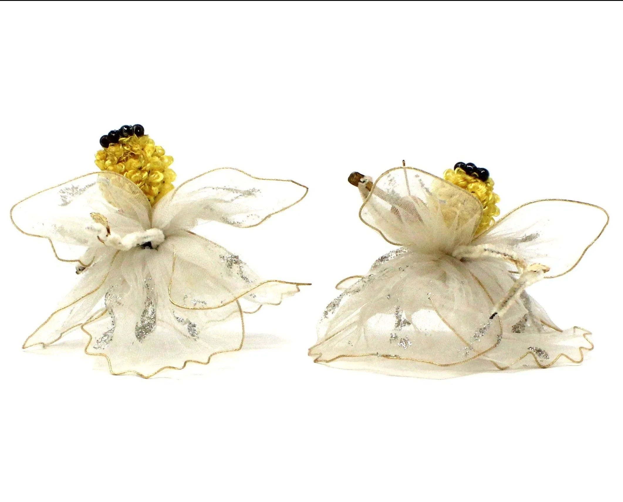 Ornaments, Delta Novelty Co, Christmas Angels White Tulle, Pipe Cleaner, with Violin, Set of 2, Vintage Japan RARE