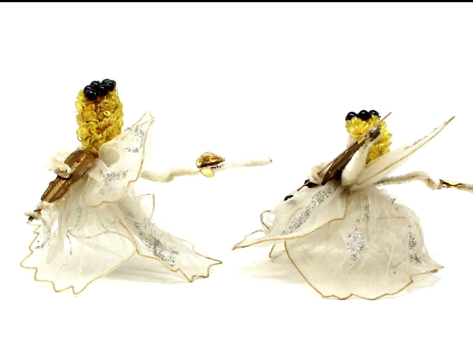 Ornaments, Delta Novelty Co, Christmas Angels White Tulle, Pipe Cleaner, with Violin, Set of 2, Vintage Japan RARE