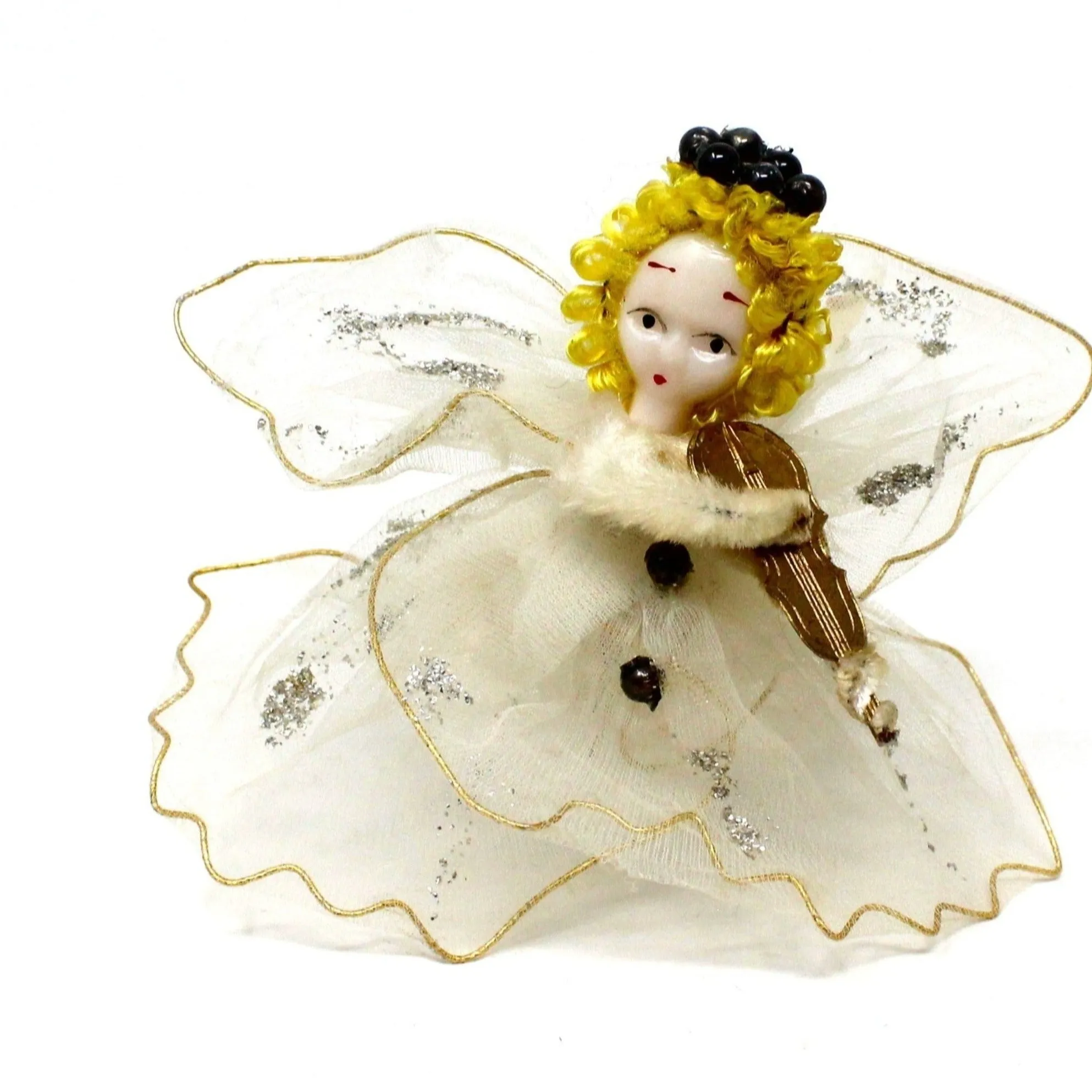 Ornaments, Delta Novelty Co, Christmas Angels White Tulle, Pipe Cleaner, with Violin, Set of 2, Vintage Japan RARE