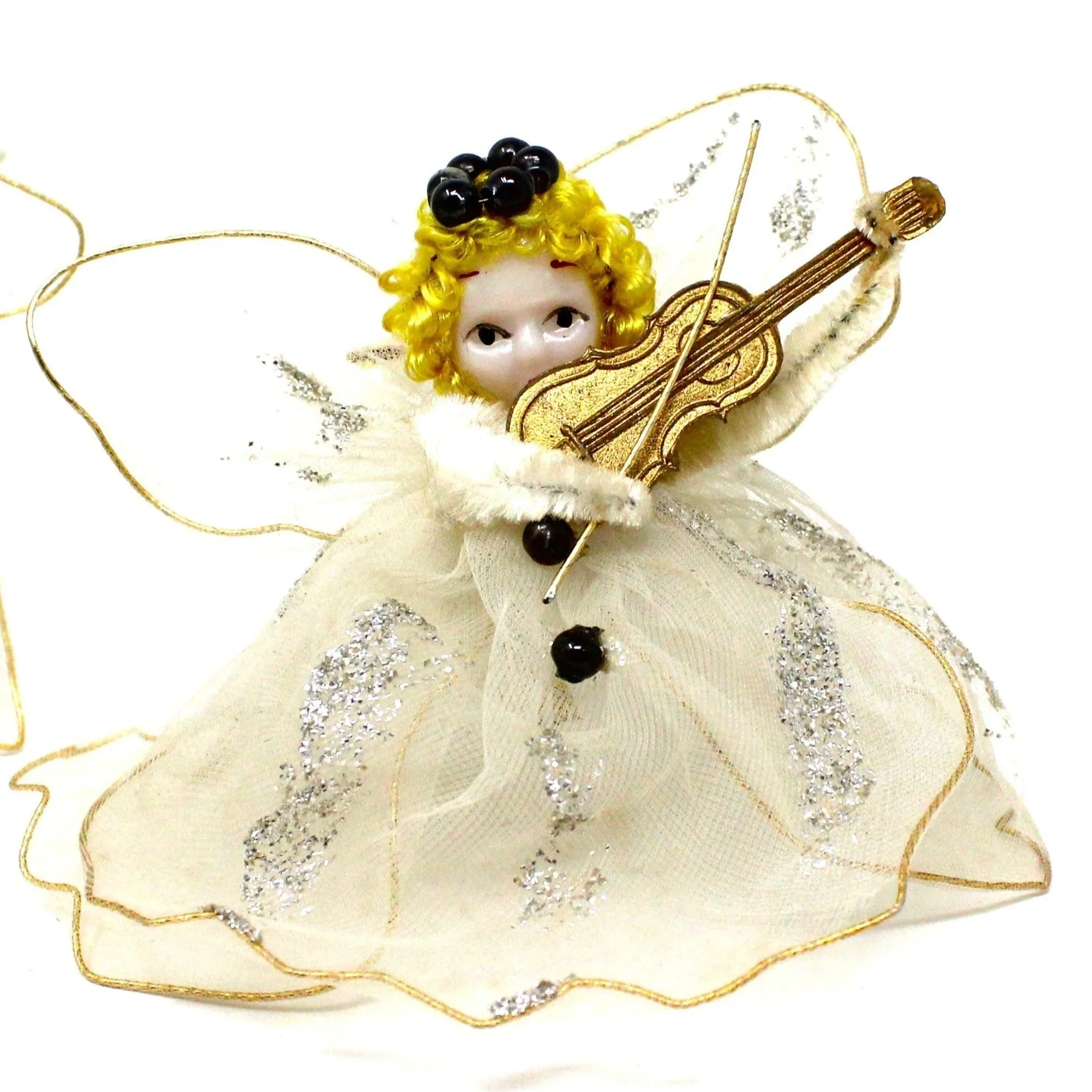 Ornaments, Delta Novelty Co, Christmas Angels White Tulle, Pipe Cleaner, with Violin, Set of 2, Vintage Japan RARE