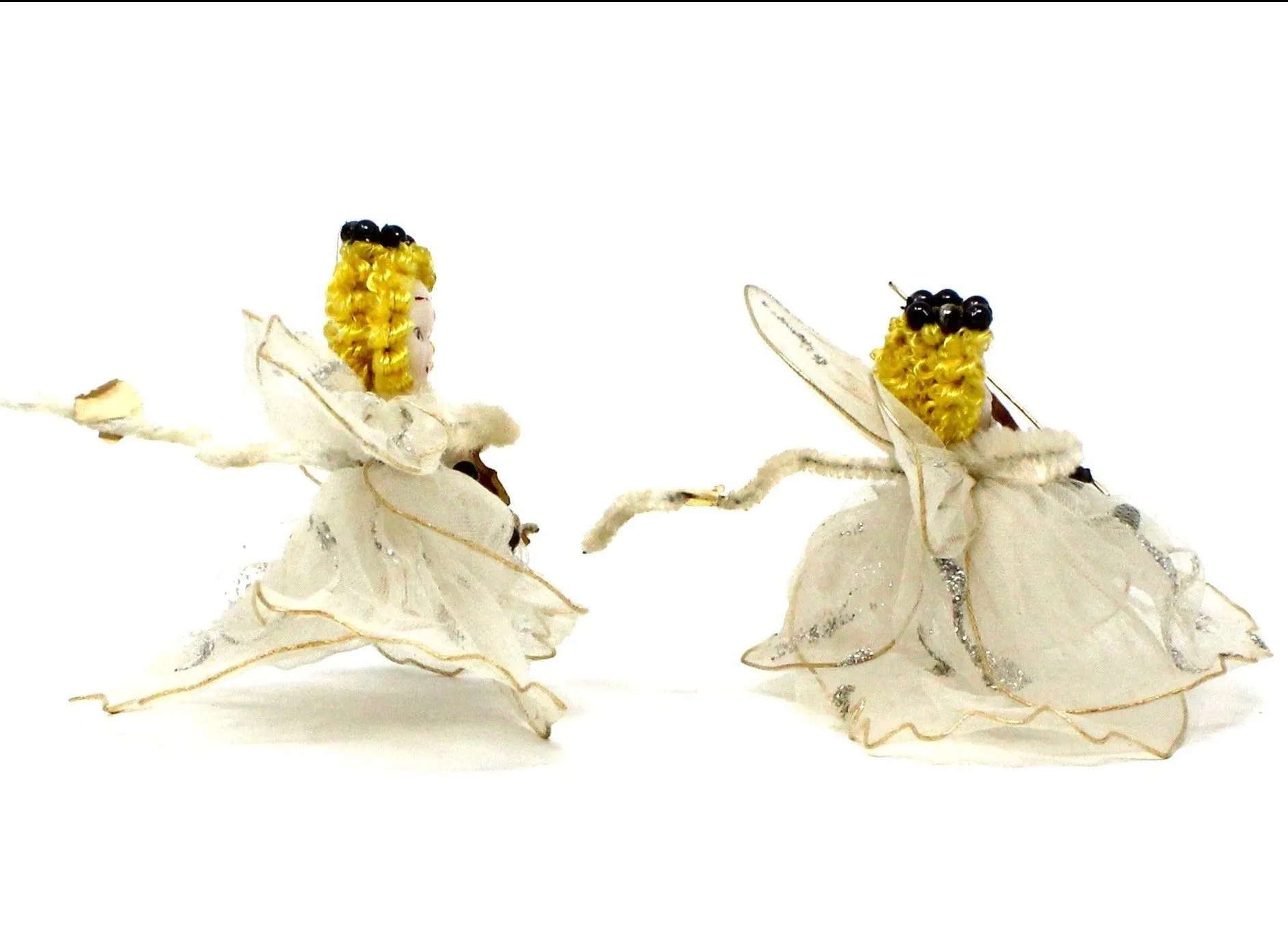 Ornaments, Delta Novelty Co, Christmas Angels White Tulle, Pipe Cleaner, with Violin, Set of 2, Vintage Japan RARE