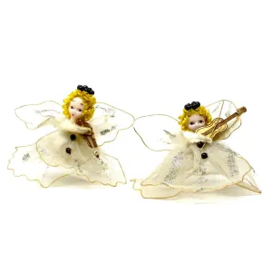 Ornaments, Delta Novelty Co, Christmas Angels White Tulle, Pipe Cleaner, with Violin, Set of 2, Vintage Japan RARE