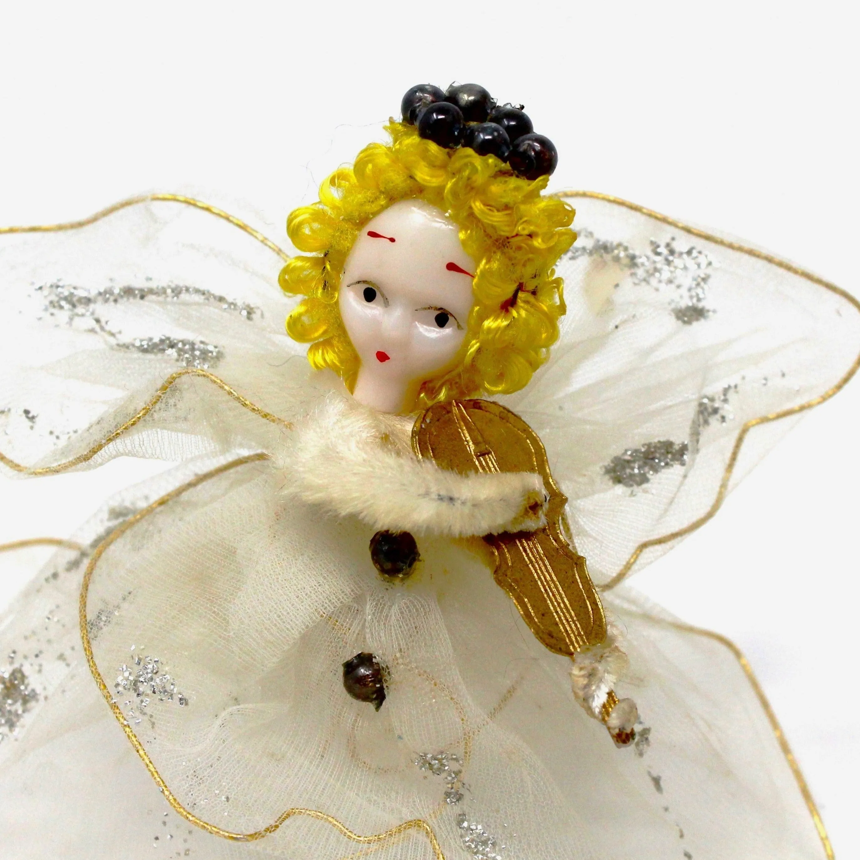 Ornaments, Delta Novelty Co, Christmas Angels White Tulle, Pipe Cleaner, with Violin, Set of 2, Vintage Japan RARE