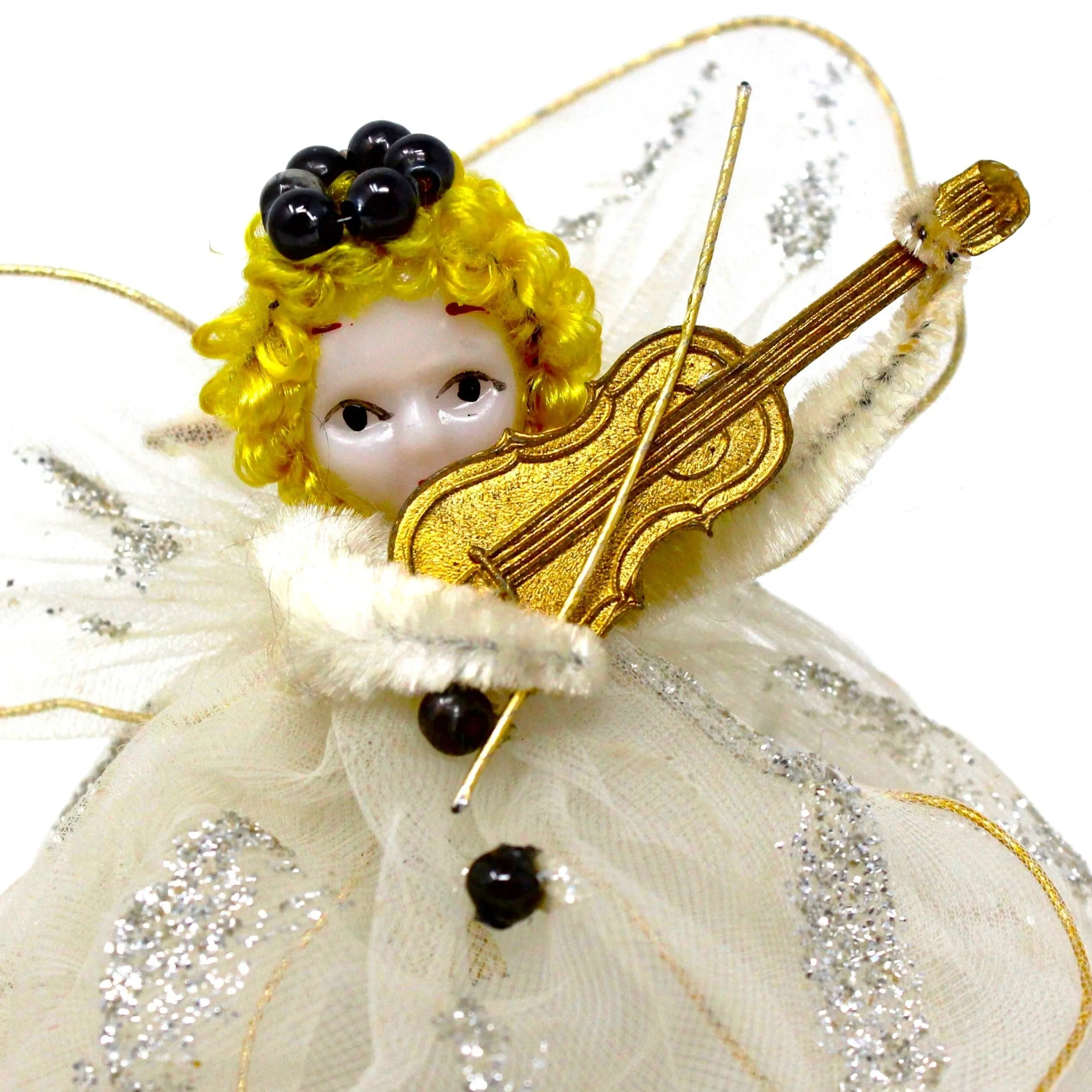 Ornaments, Delta Novelty Co, Christmas Angels White Tulle, Pipe Cleaner, with Violin, Set of 2, Vintage Japan RARE