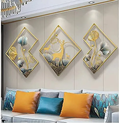 R A CREATIONS Impex Deer Frame Metal Wall Art- Set Of 3 | Metal Wall Art | Deer Metal Wall Art For Living Room | Wall Decor | Wall Art Decor - 140L x 53W Centimeters (MODEL 4)