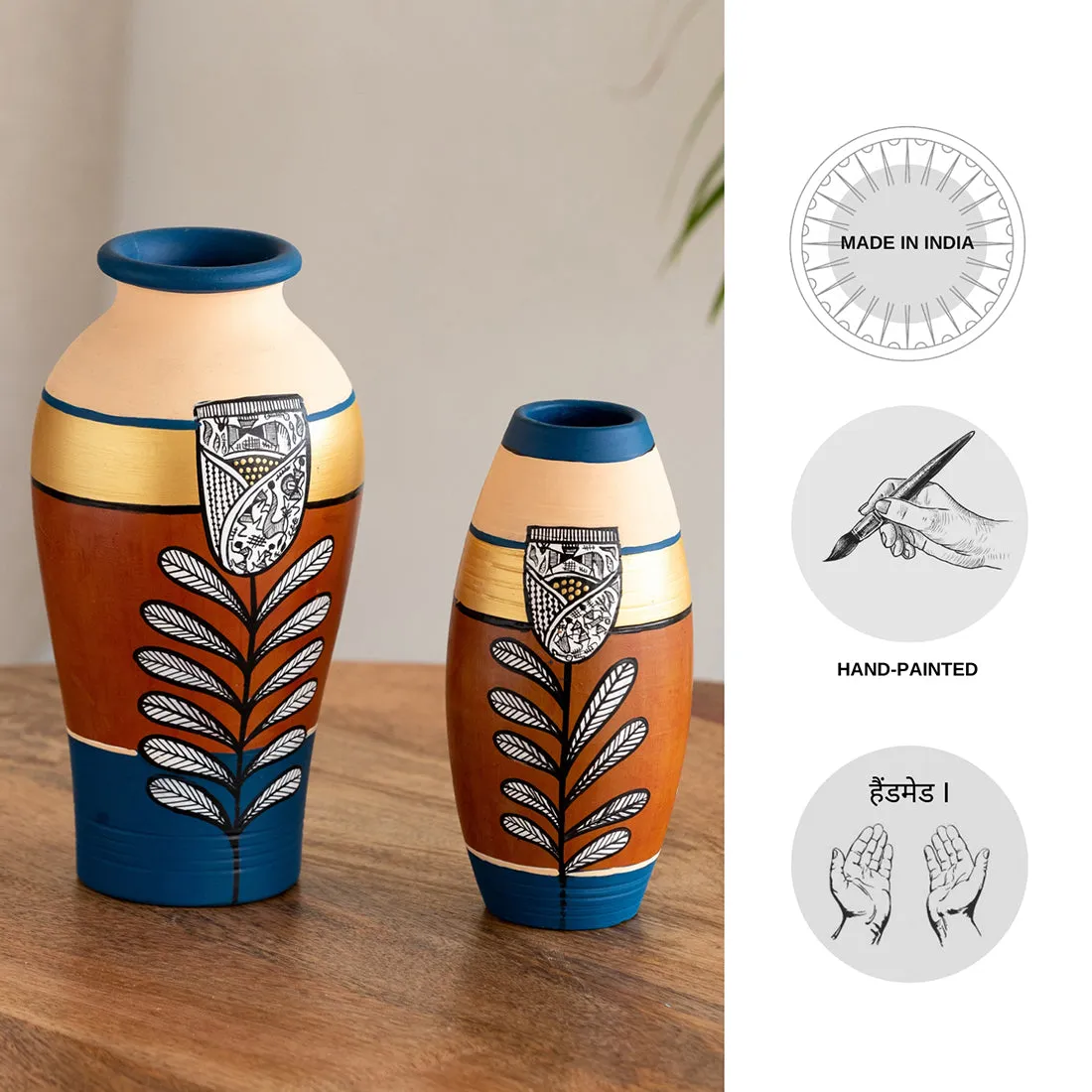 'Tulip Warli Tales' Hand-Painted Terracotta Vases (Set of 2, Brown & Blue)