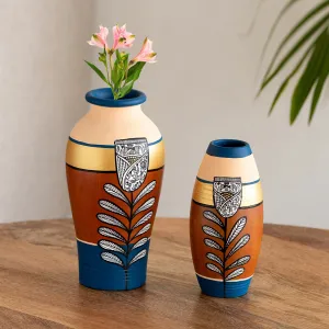 'Tulip Warli Tales' Hand-Painted Terracotta Vases (Set of 2, Brown & Blue)