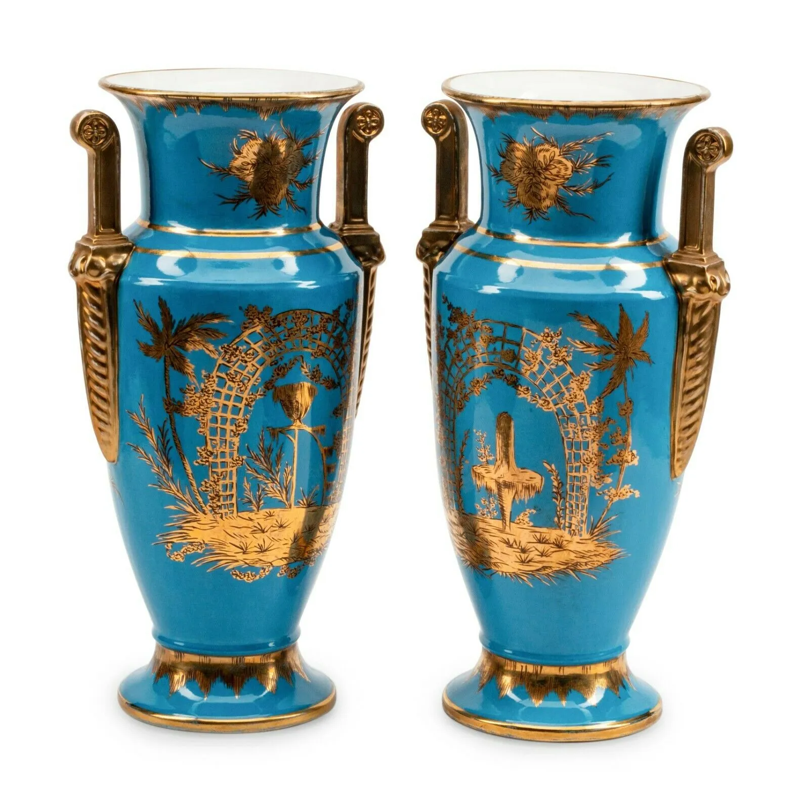 Vases, Chinoiserie-Decorated Blue, Pair, Paris Porcelain Vases Gorgeous!