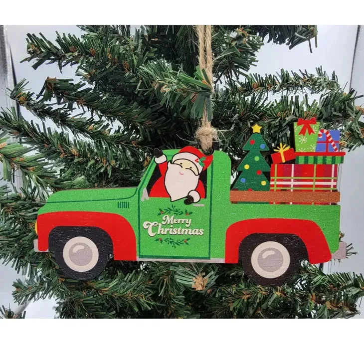 Vintage Santa Truck Wooden Christmas Ornament