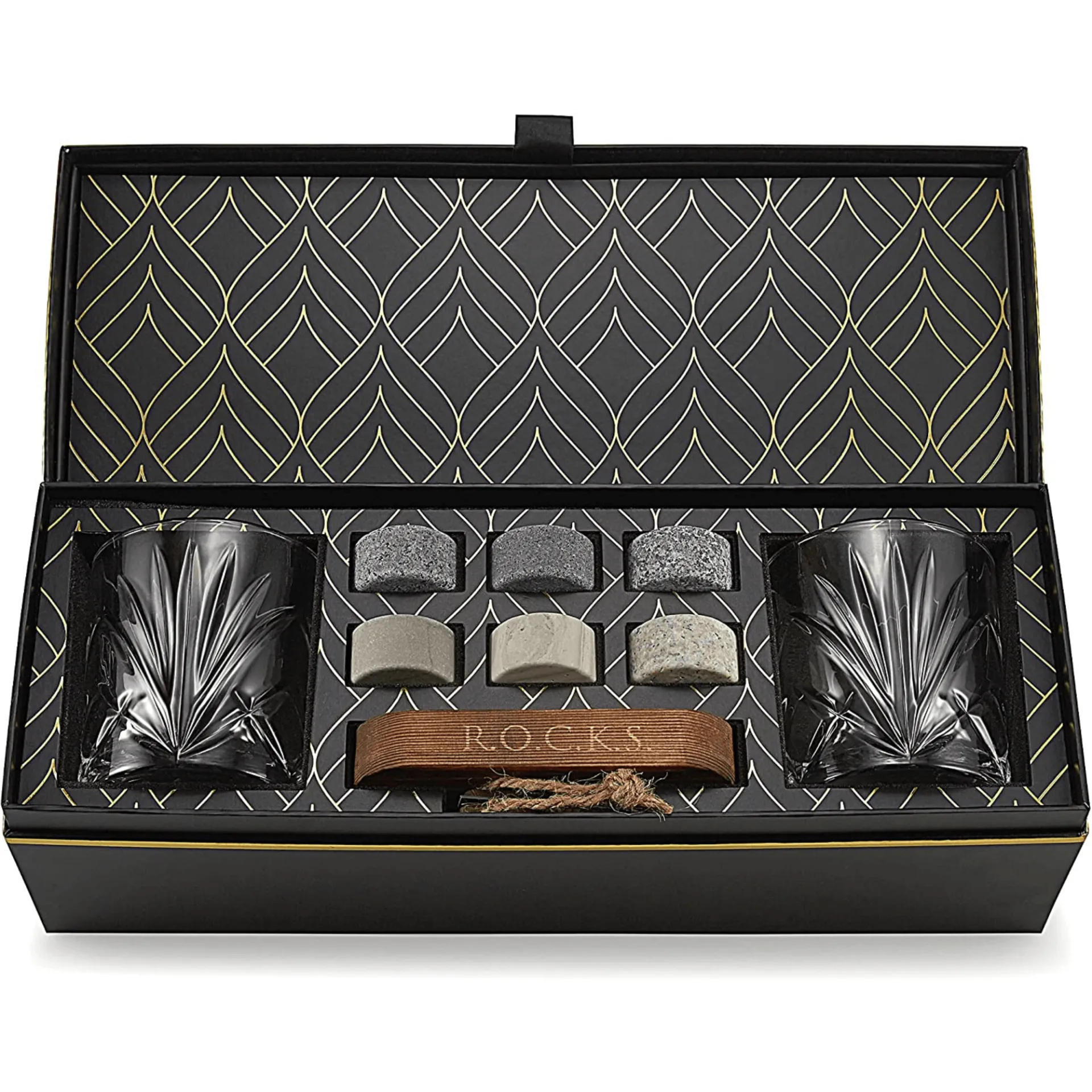 Whiskey Chilling Stones Gift Set With 2 Palm Crystal Glasses